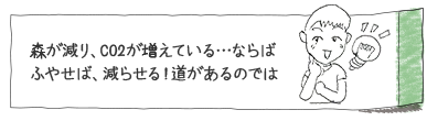 森が減り、CO2が増えている・・・ならばふやせば、減らせる！道があるのでは
